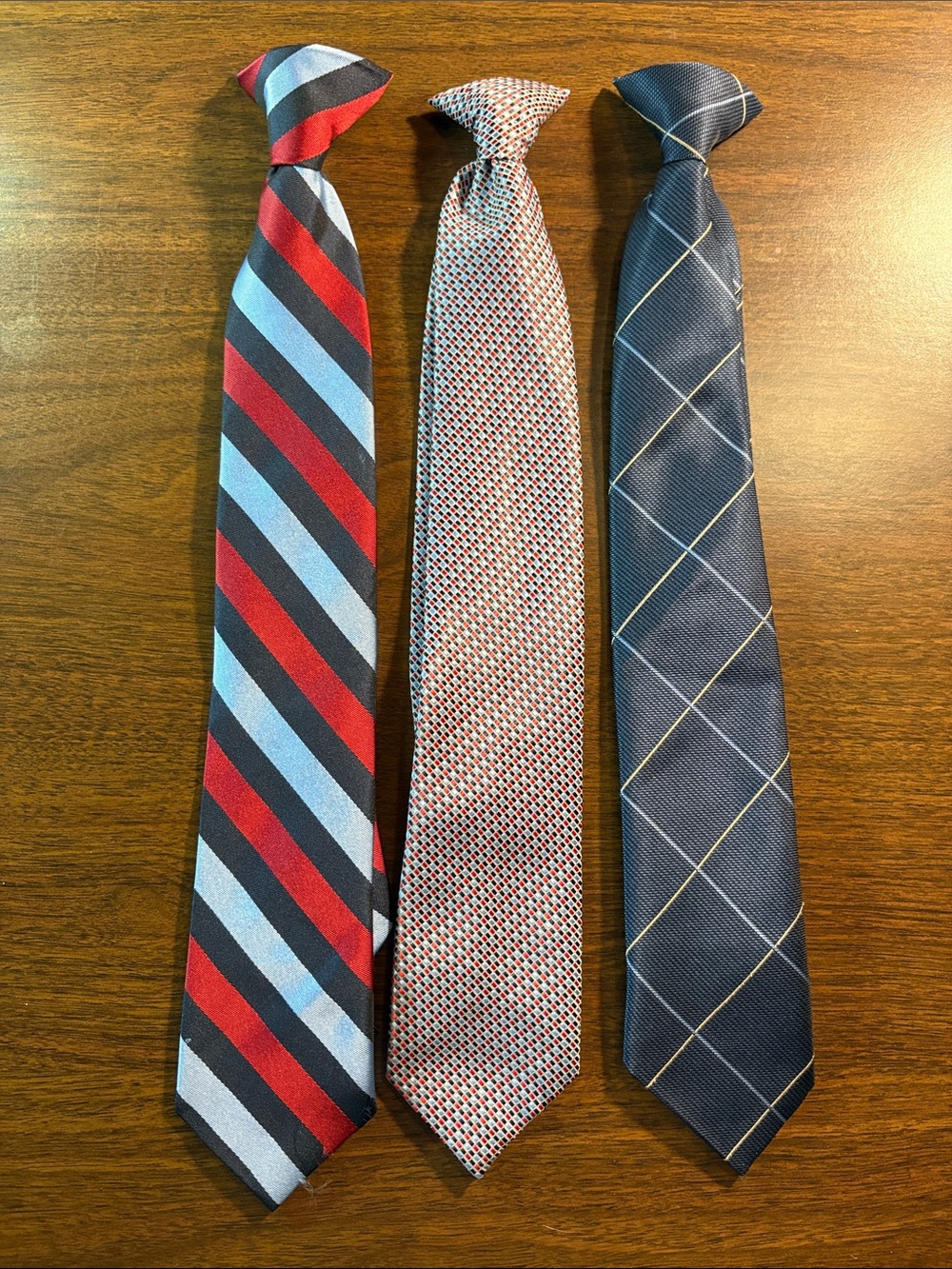 Three-Piece Boys clip-on Tie Set — Red, Light Blue, Navy